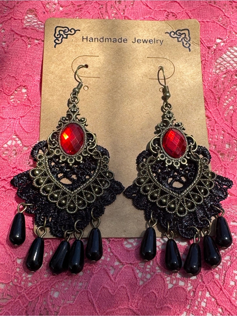 Red and Black Lace Chandelier Beaded Earrings Antiqued Gold Tone Jewelry